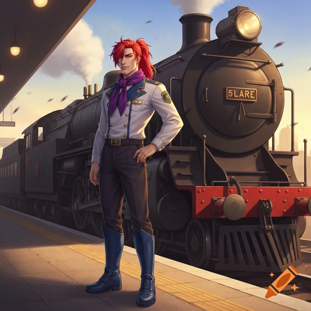 Anime man with red ponytail in a conductor uniform stands beside a black steam train at a station.
