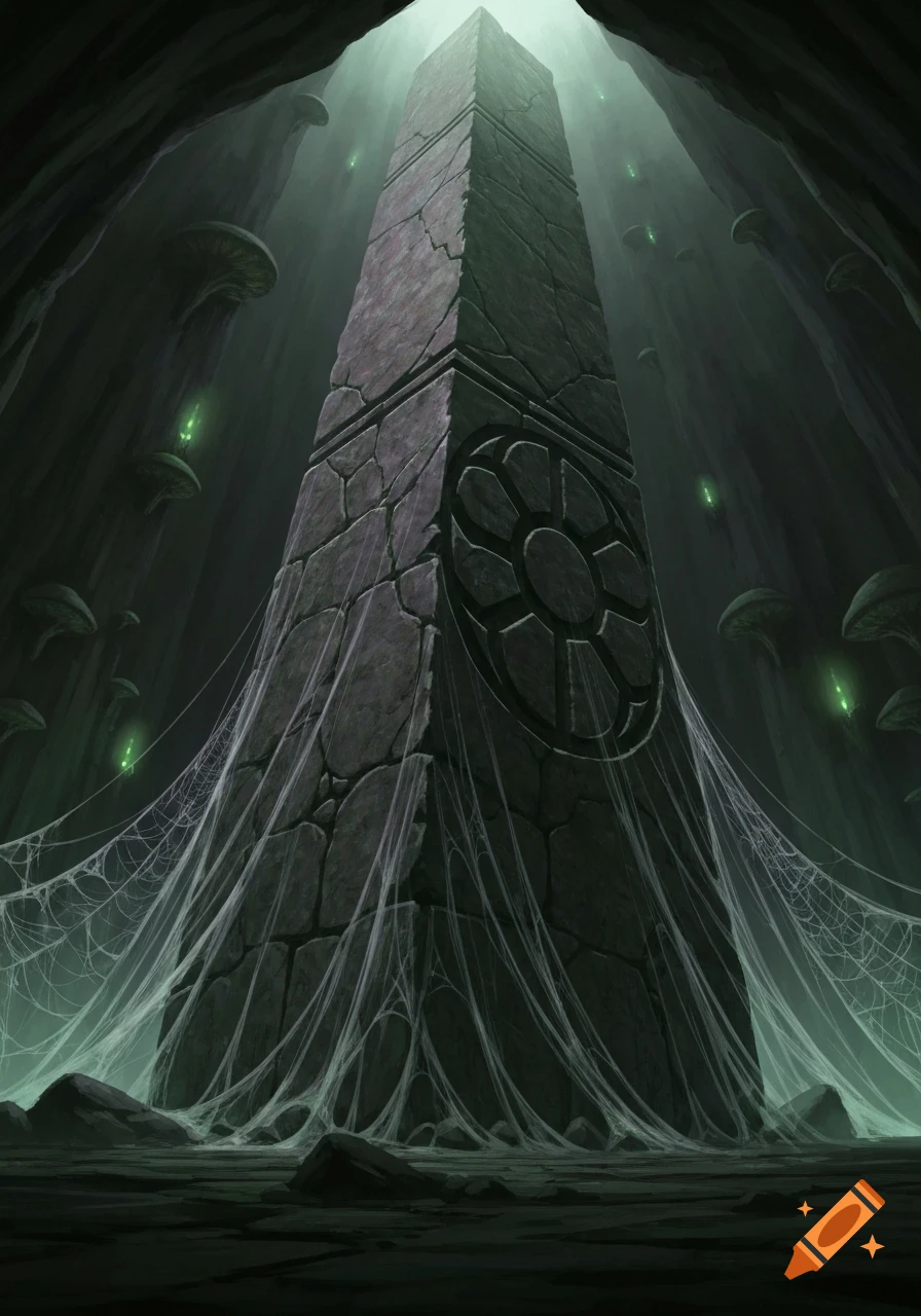 A dark, mysterious cavern with a towering ancient stone obelisk covered in glowing spiderwebs, illuminated by eerie green light.