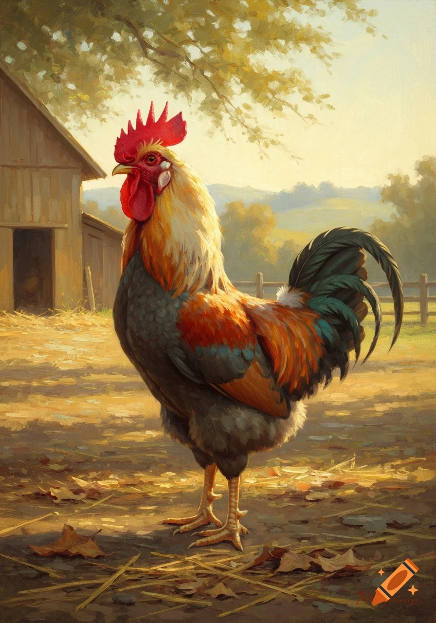 An impressionistic painting of a colorful rooster standing on a farm, with a barn and rolling hills in the background.