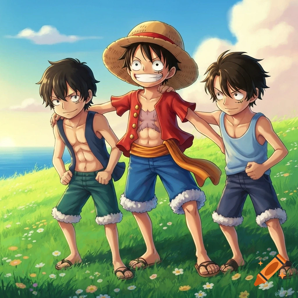 Three anime boys, Luffy, Ace, and Sabo, stand on a sunny green hill by the ocean, smiling with arms around each other.