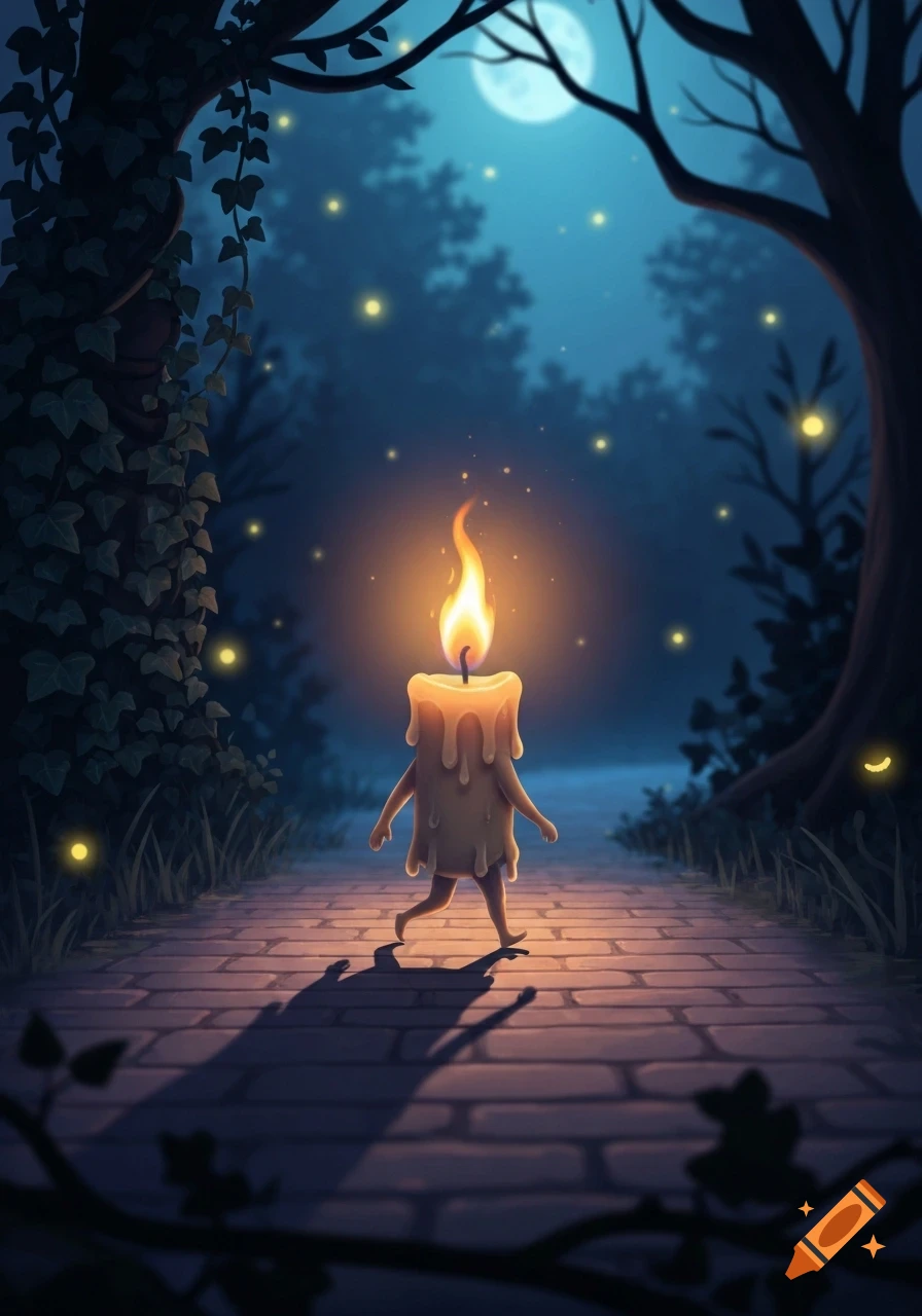 A glowing candle with small legs walks down a moonlit cobblestone path in a dark, enchanting forest with fireflies.