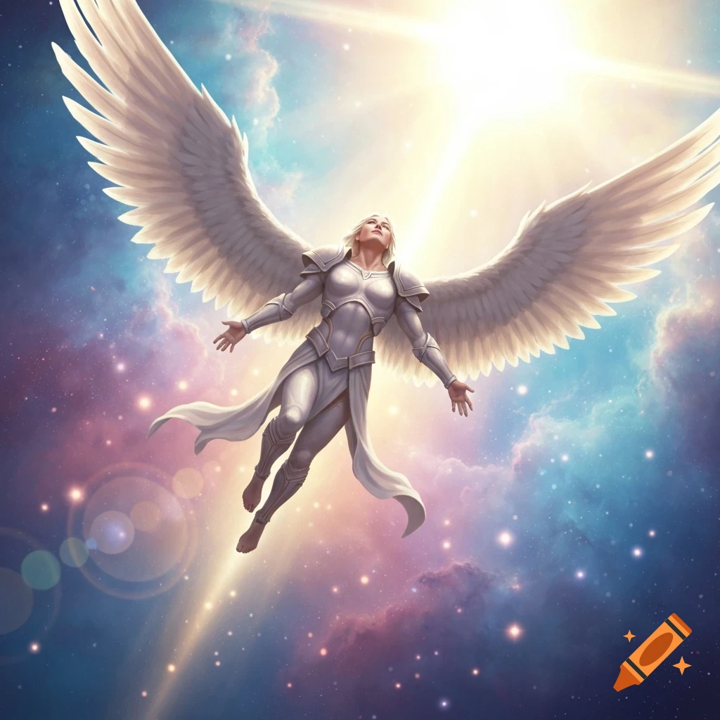 An angel with large white wings and silver armor-like clothing ascends into a bright, colorful, star-filled sky.