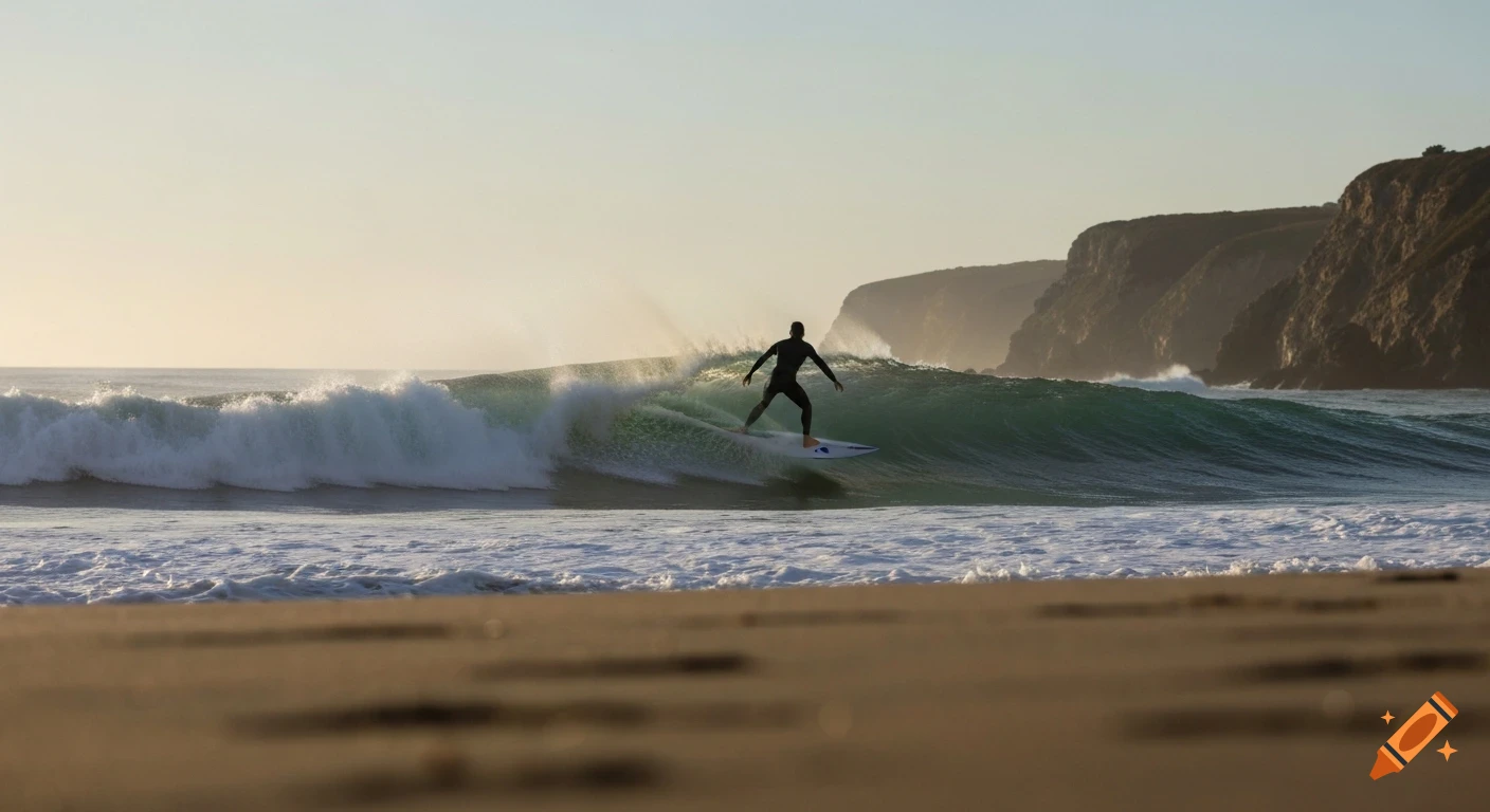 A silhouetted surfer in a wetsuit rides a green ocean wave, with foamy spray and hazy coastal cliffs in the background. Photorealistic.