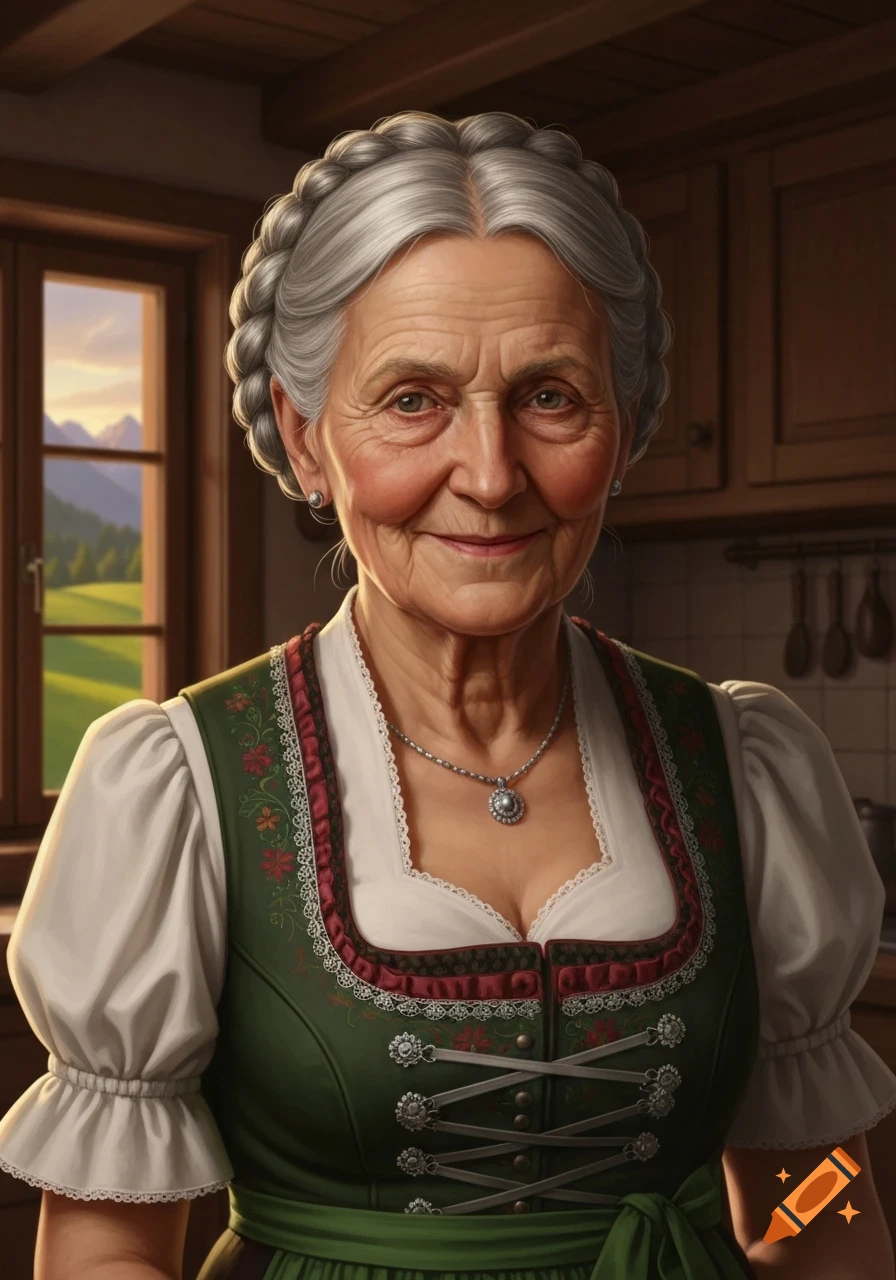 Photorealistic portrait of a smiling elderly woman in a green dirndl, with braided gray hair, in a rustic kitchen with a mountain view.