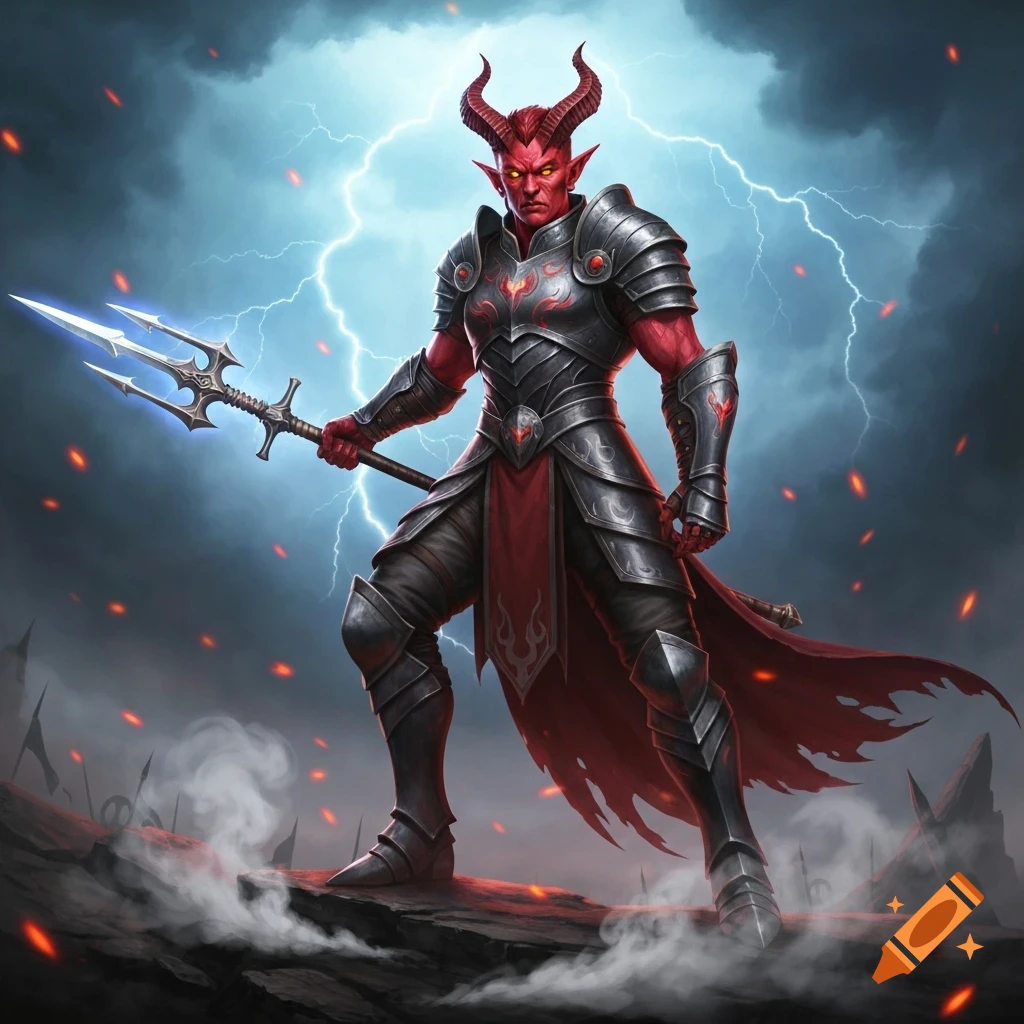 A red-skinned, horned tiefling fighter in dark armor holds a trident on a rocky, stormy battlefield with lightning and embers, digital art.