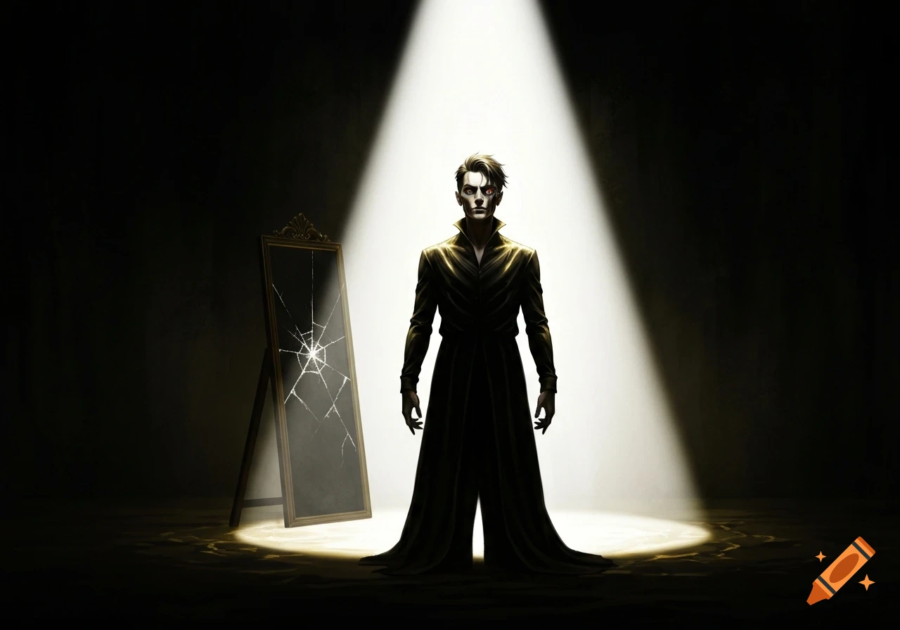 A stylized figure in a dark trench coat stands in a spotlight next to a broken ornate mirror.