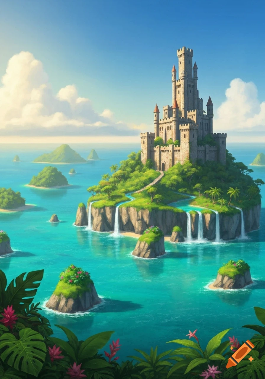 A majestic castle stands on a lush, tropical island amidst a turquoise sea with waterfalls and smaller islands, in a vibrant fantasy art style.