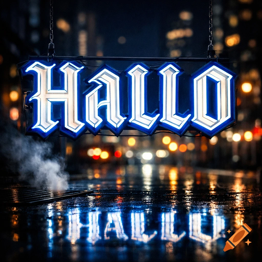 Blue neon sign spelling HALLO hanging above a wet, reflective city street at night, with bokeh lights and steam.