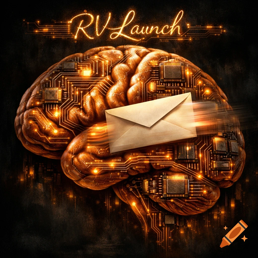 A realistic human brain merged with circuits and microchips in amber tones, with an envelope passing through it, and 'RV Launch' text above. Conceptual tech art.