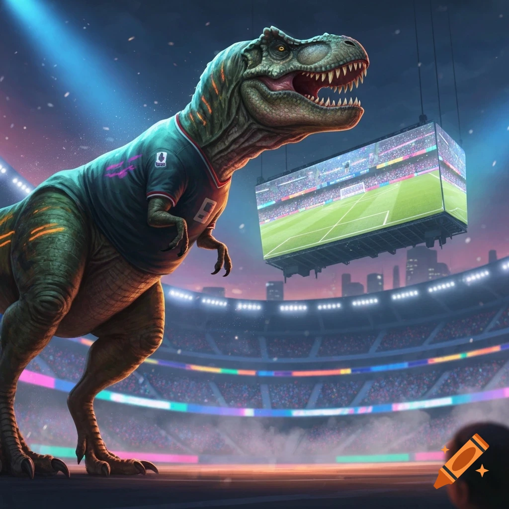 A large green T-Rex in a teal soccer jersey stands in a brightly lit stadium at dusk, looking at a scoreboard displaying a football match.