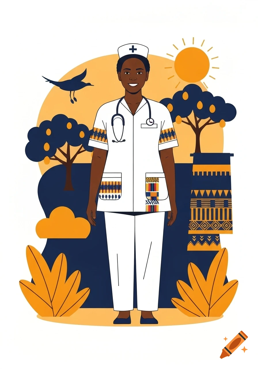 Vector illustration of a Black nurse in a white uniform with African patterns, stethoscope, against a vibrant landscape with sun and trees.