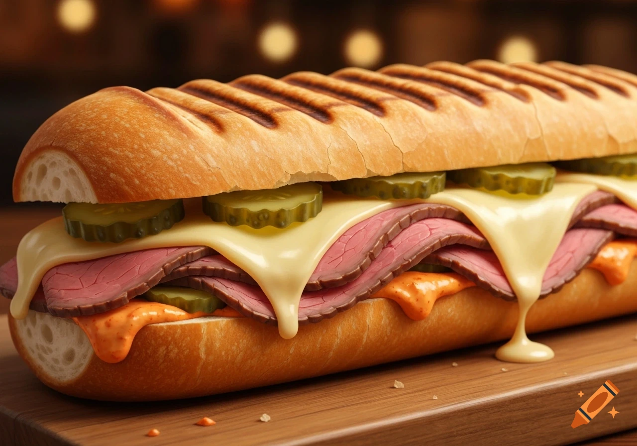 Photorealistic warm pressed baguette sandwich with roast beef, melted provolone, dill pickles, and harissa mayo on a wooden board.