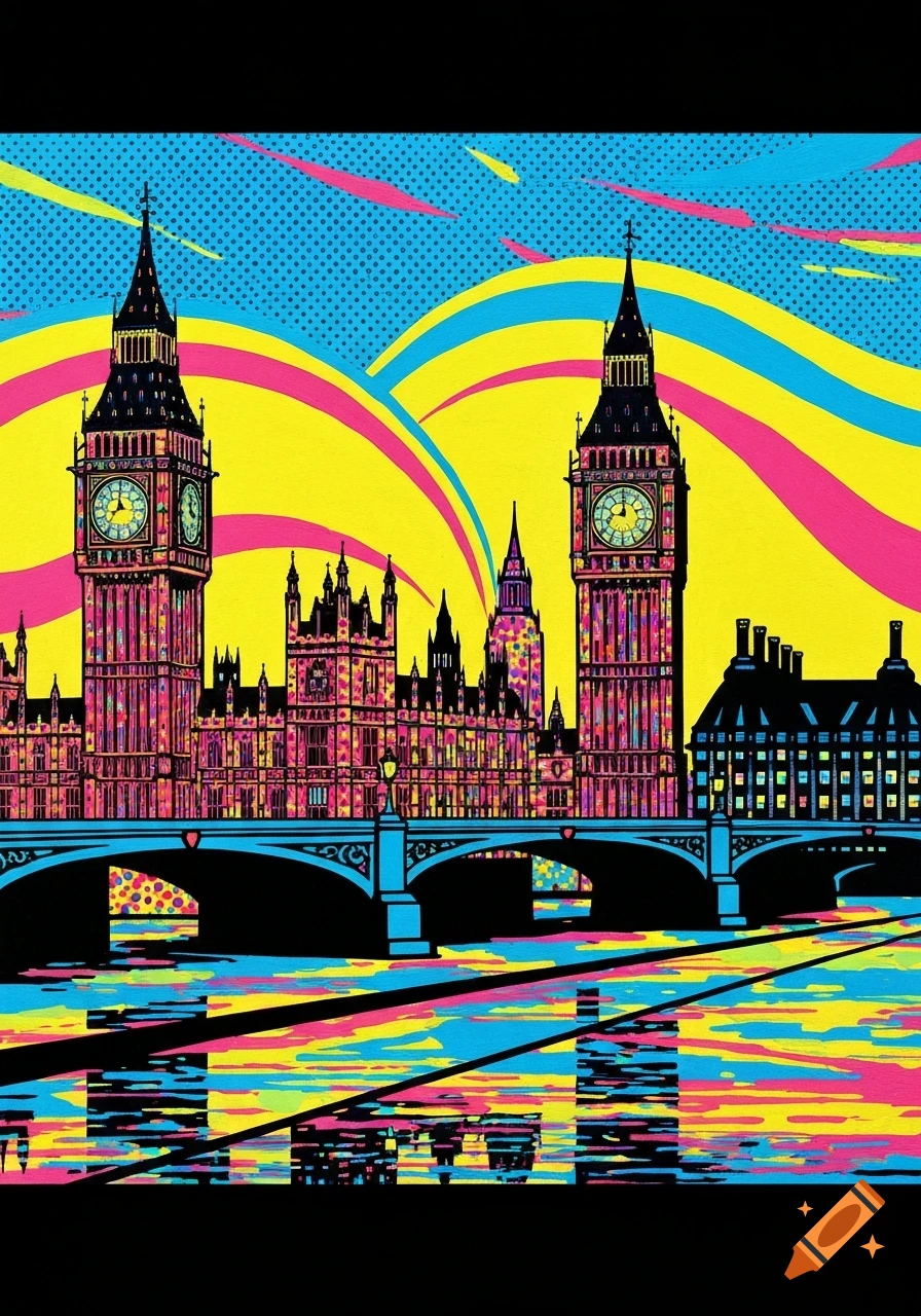 Vibrant pop art painting of the London skyline, including Big Ben and the Houses of Parliament, in yellow, pink, and blue with Ben-Day dots.