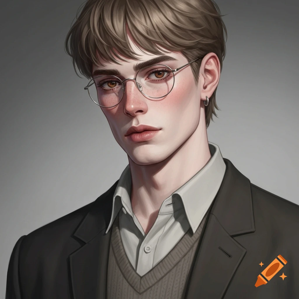 A semi-realistic digital illustration of a pale man with light brown hair, glasses, wearing a shirt, sweater, and jacket.
