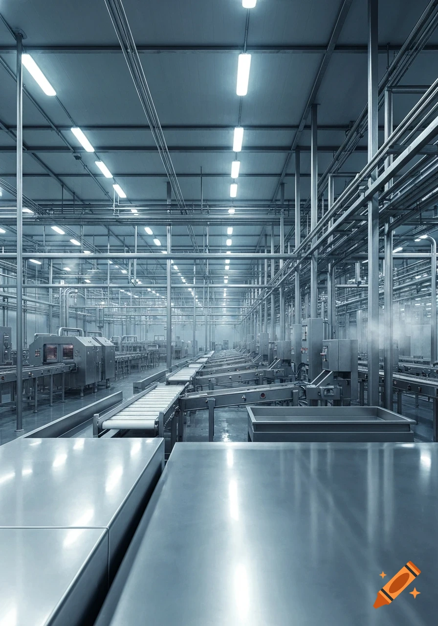 A clean, modern industrial food processing facility with gleaming stainless steel machinery, conveyor belts, and extensive piping under bright fluorescent lights.