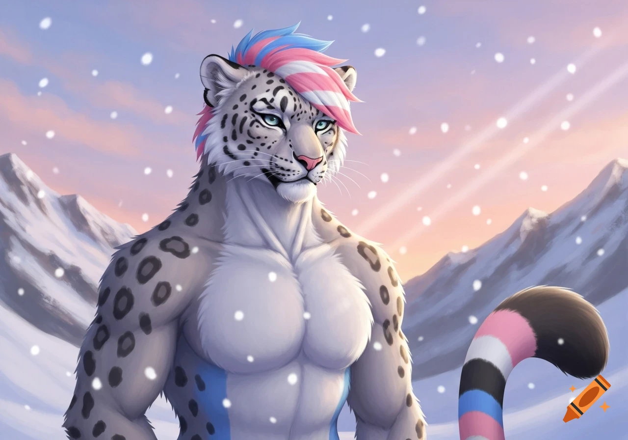 Muscular anthropomorphic snow leopard with blue, pink, and white hair and tail in a snowy mountain landscape.