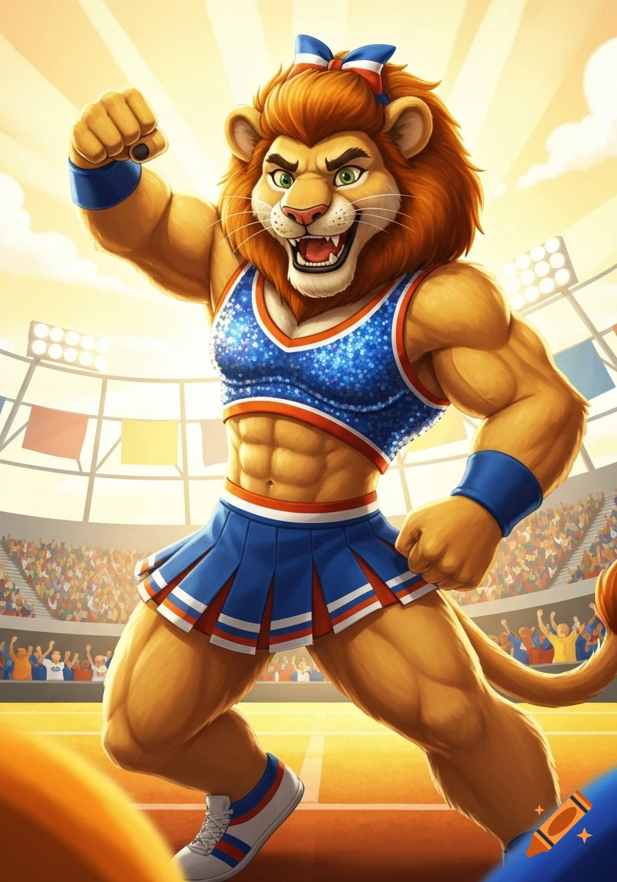 Muscular cartoon lion mascot in a blue and white cheerleader uniform with a bow, flexing in a stadium filled with cheering fans.