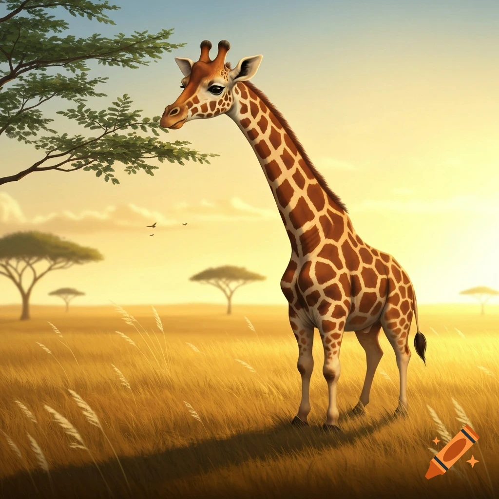 A stylized giraffe with long legs stands in a golden savanna landscape under a bright sky, with acacia trees and birds in the distance.