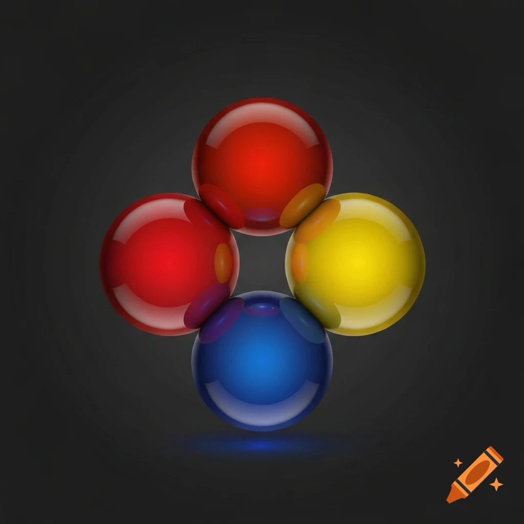 Four glossy spheres, two red, one yellow, and one blue, arranged in a clover-like shape against a dark background, 3D rendering.