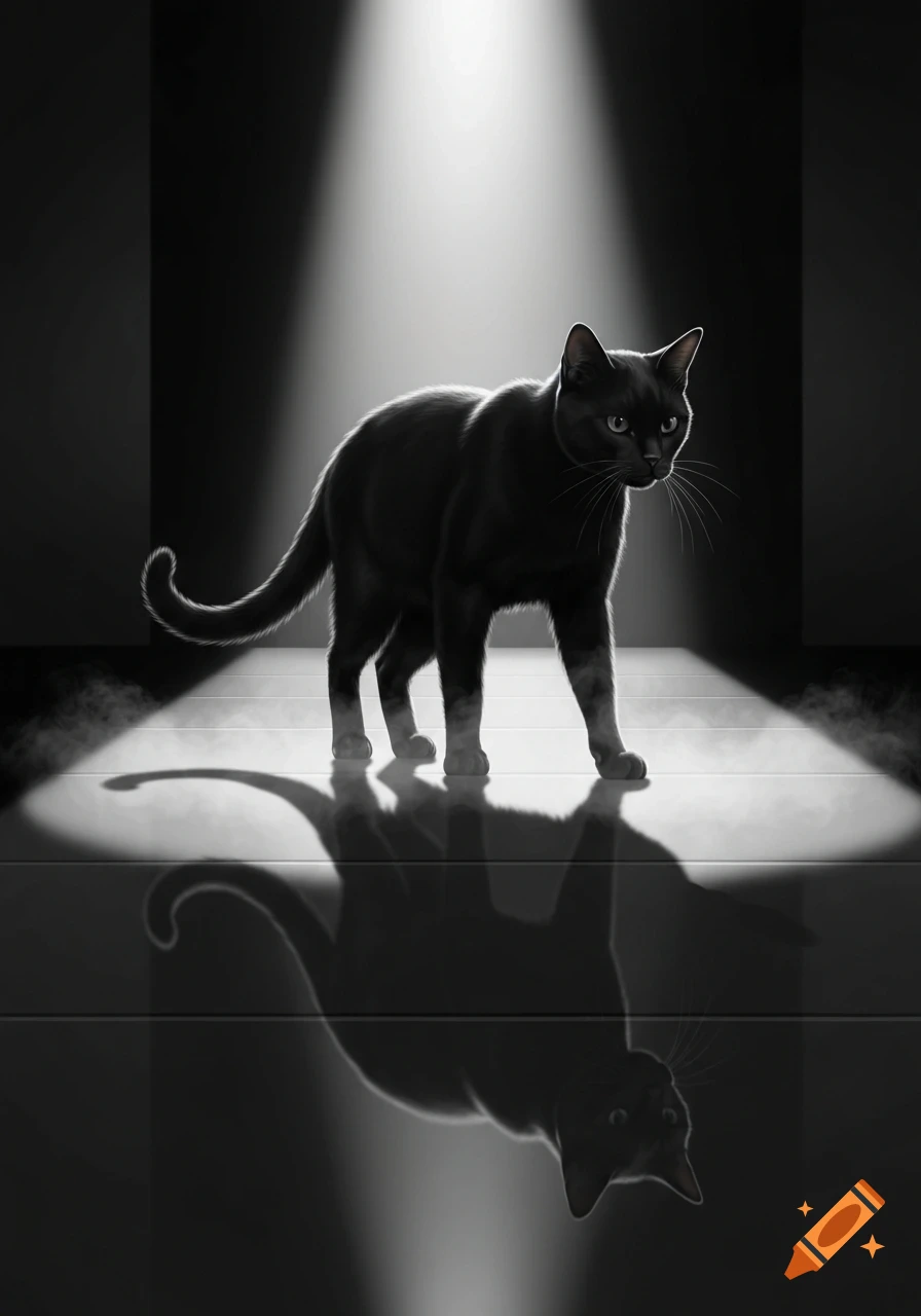 A sleek black cat walks elegantly on a reflective surface under a bright spotlight in a dark room.