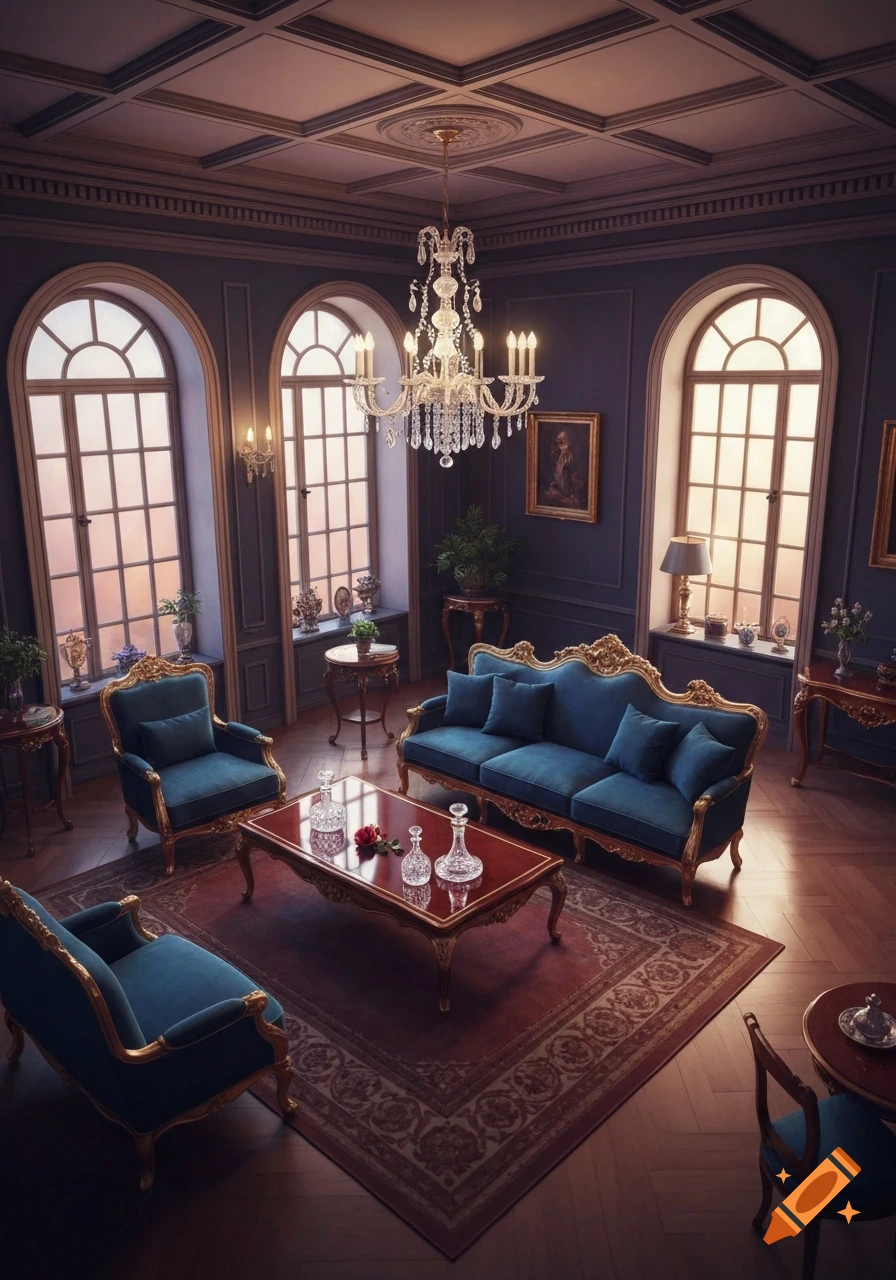 Luxurious living room with ornate blue and gold furniture, a crystal chandelier, and large arched windows at sunset.