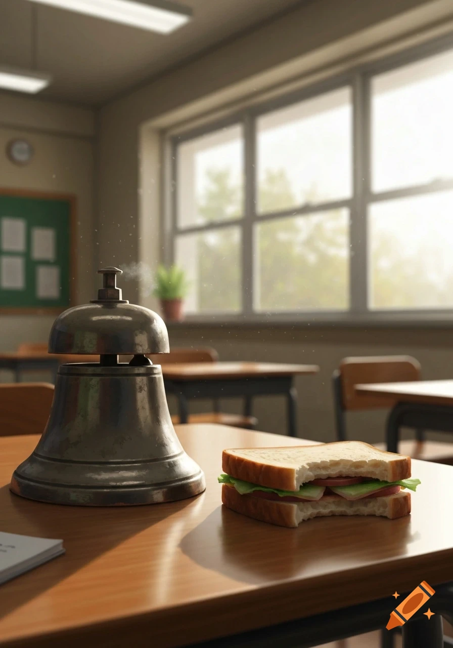 A vintage school bell next to a half-eaten sandwich on a wooden desk in a bright, sunlit classroom.
