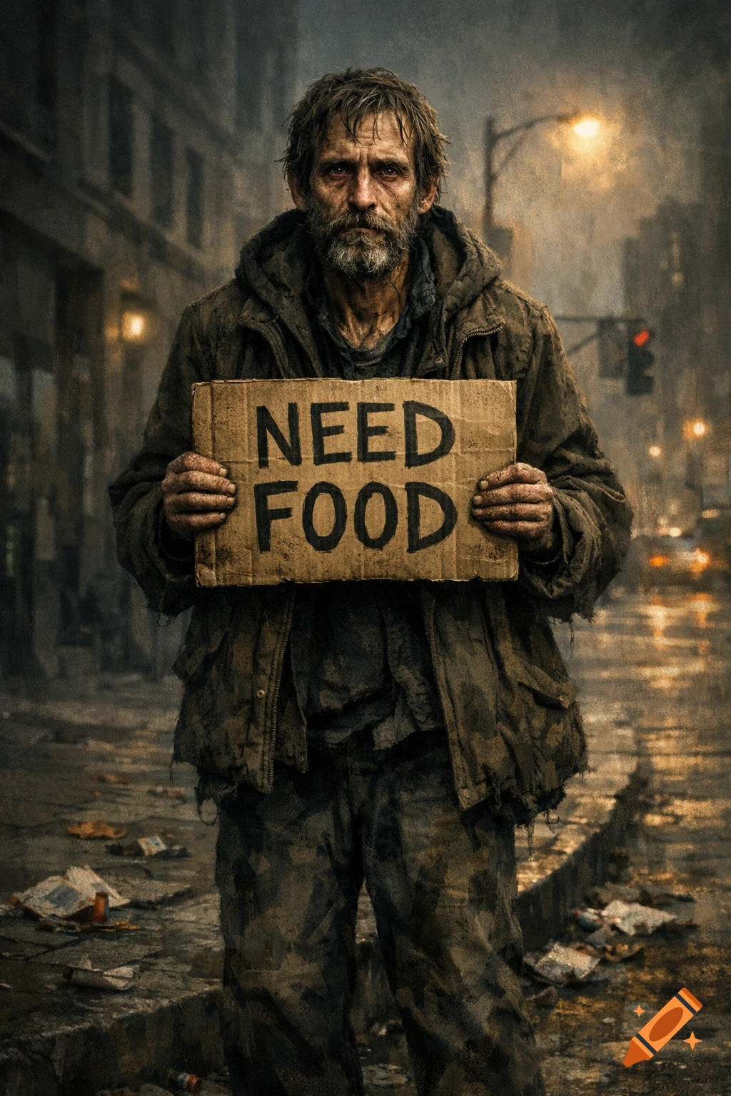 Photorealistic portrait of a disheveled man holding a 'NEED FOOD' sign on a dark, wet city street.