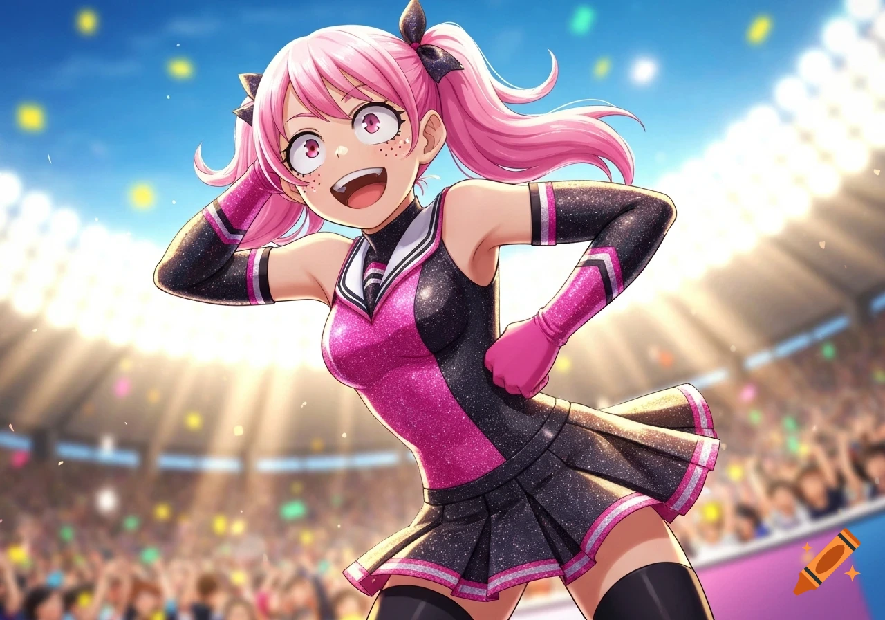Mina Ashido from My Hero Academia, an anime girl with pink hair in pigtails, wearing a glittery pink and black cheerleader outfit, smiling and posing in a brightly lit stadium.