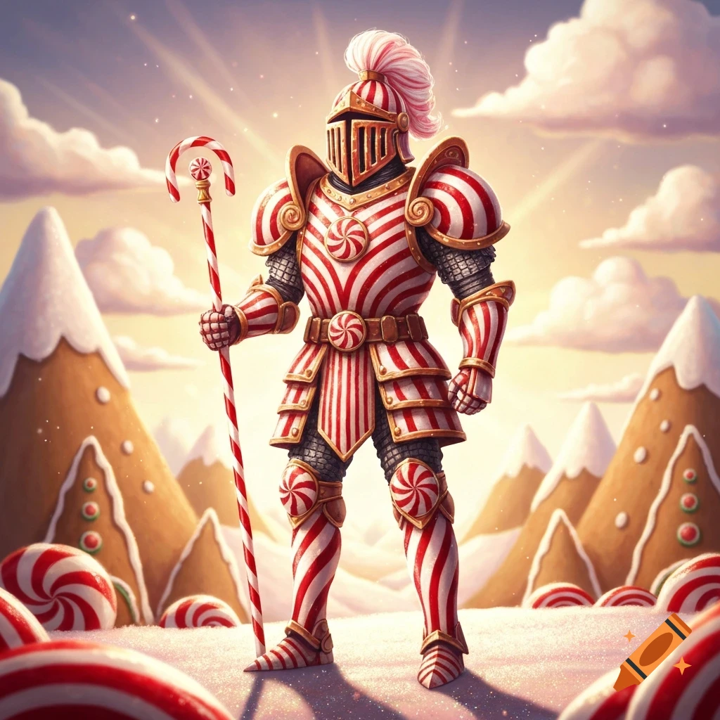 A cartoon candy cane knight in red and white striped armor stands in a snowy landscape with gingerbread mountains and giant peppermints.