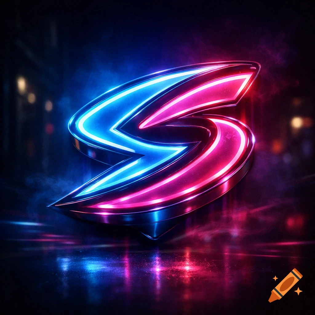 A stylized metallic 'S' letter logo glowing brightly in vibrant blue and pink neon lights, casting reflections on a dark, wet surface.