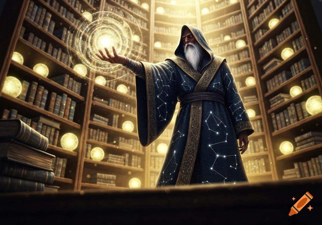 A white-bearded wizard in a starry robe holds a glowing orb of magic in a grand library filled with books and luminous spheres.