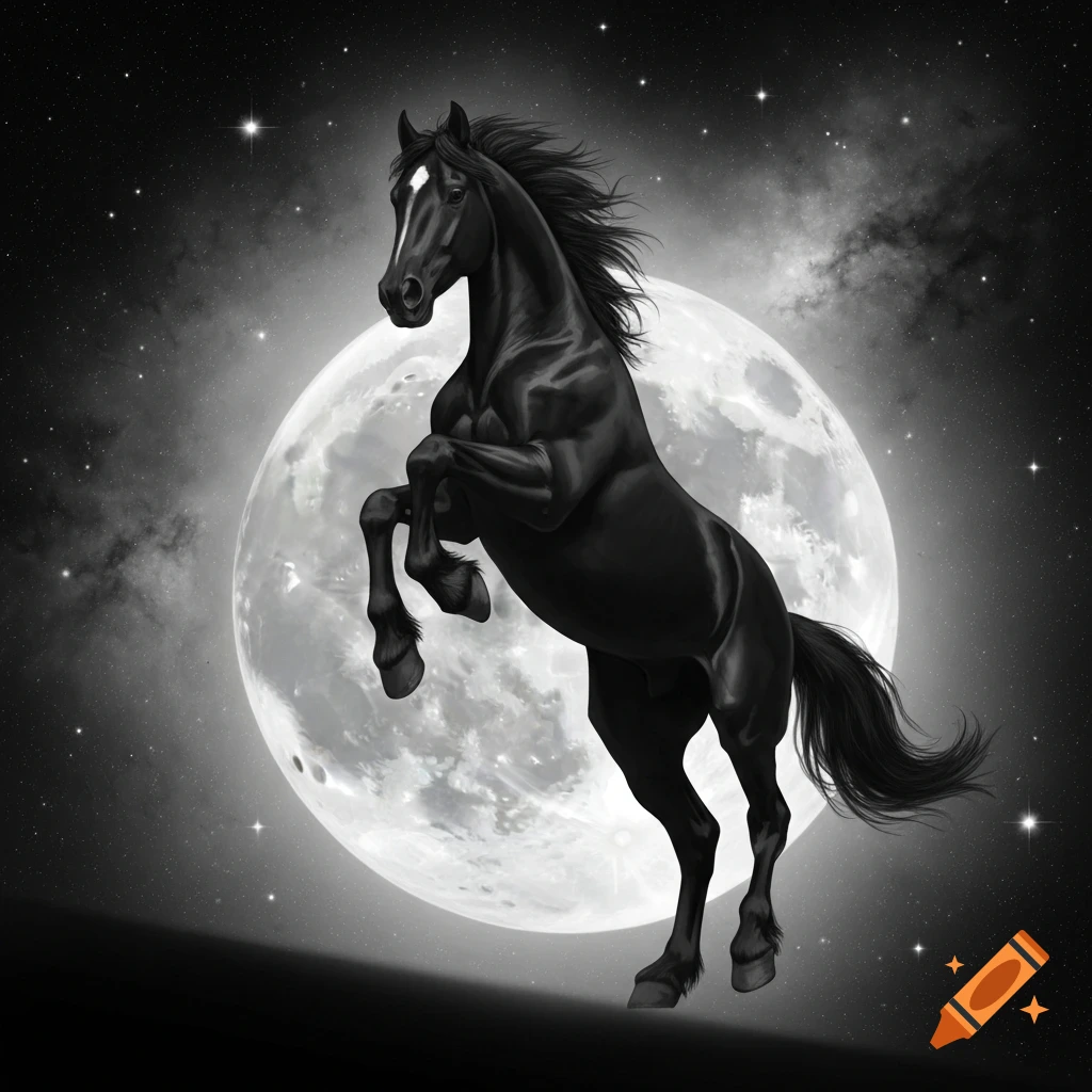A black horse rears in front of a full moon and starry night sky.