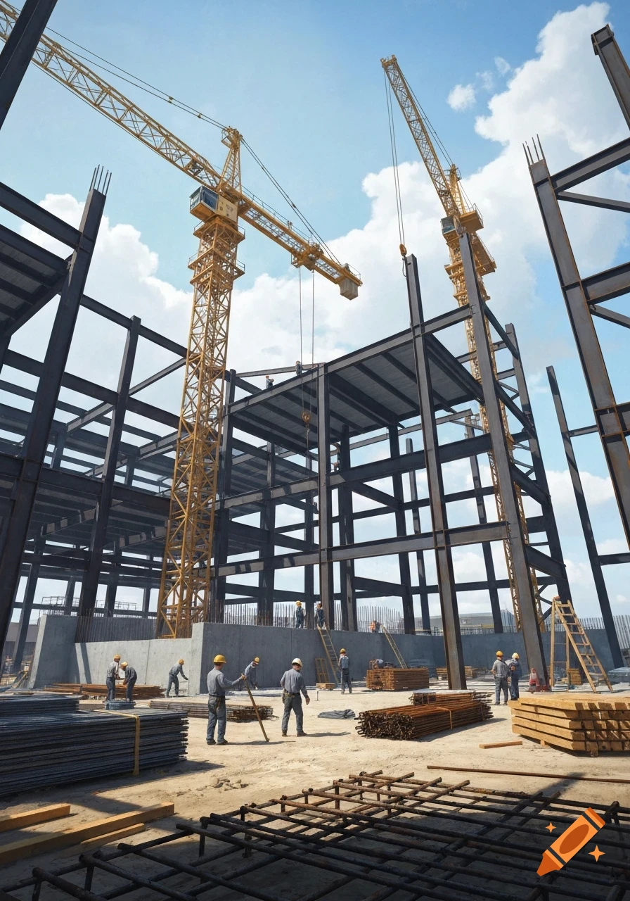 Photorealistic image of a building under construction with two large yellow cranes, steel beams, and workers on site.