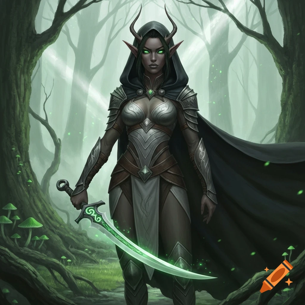 A dark elf assassin with glowing green eyes and a hooded cloak stands in a mystical forest, holding an enchanted sword with an emerald glow.