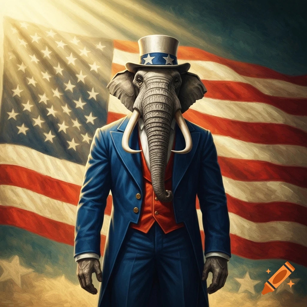 An elephant-headed Uncle Sam in a blue suit and top hat stands before a waving American flag in a painted style.