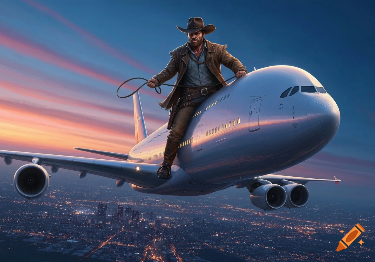 A determined cowboy rides on top of a large passenger airplane, holding a lasso, flying over a city at sunset.