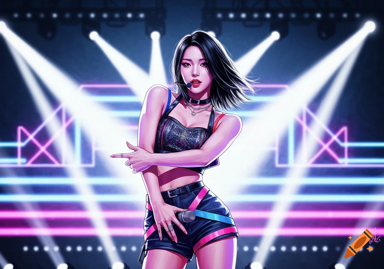 Illustration of a K-pop girl performing on stage under bright spotlights and neon lights.