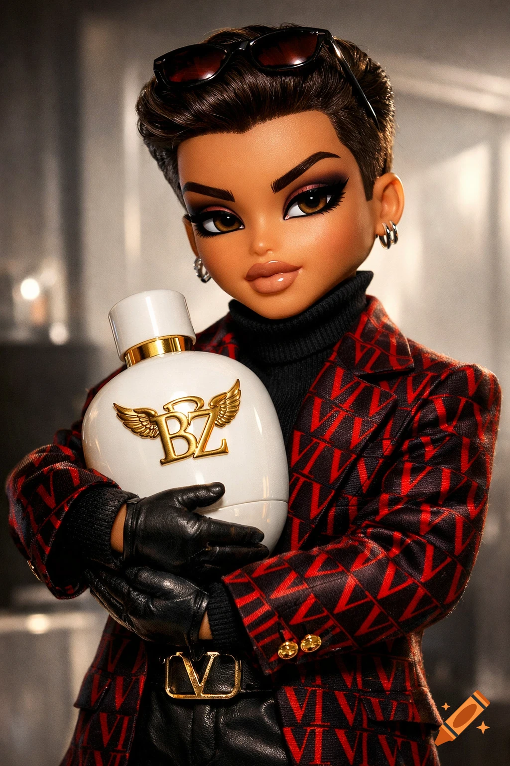 A photorealistic Bratz-style doll with dark skin and short hair, wearing a red V-patterned jacket, holding a white perfume bottle with a golden 'BZ' logo.