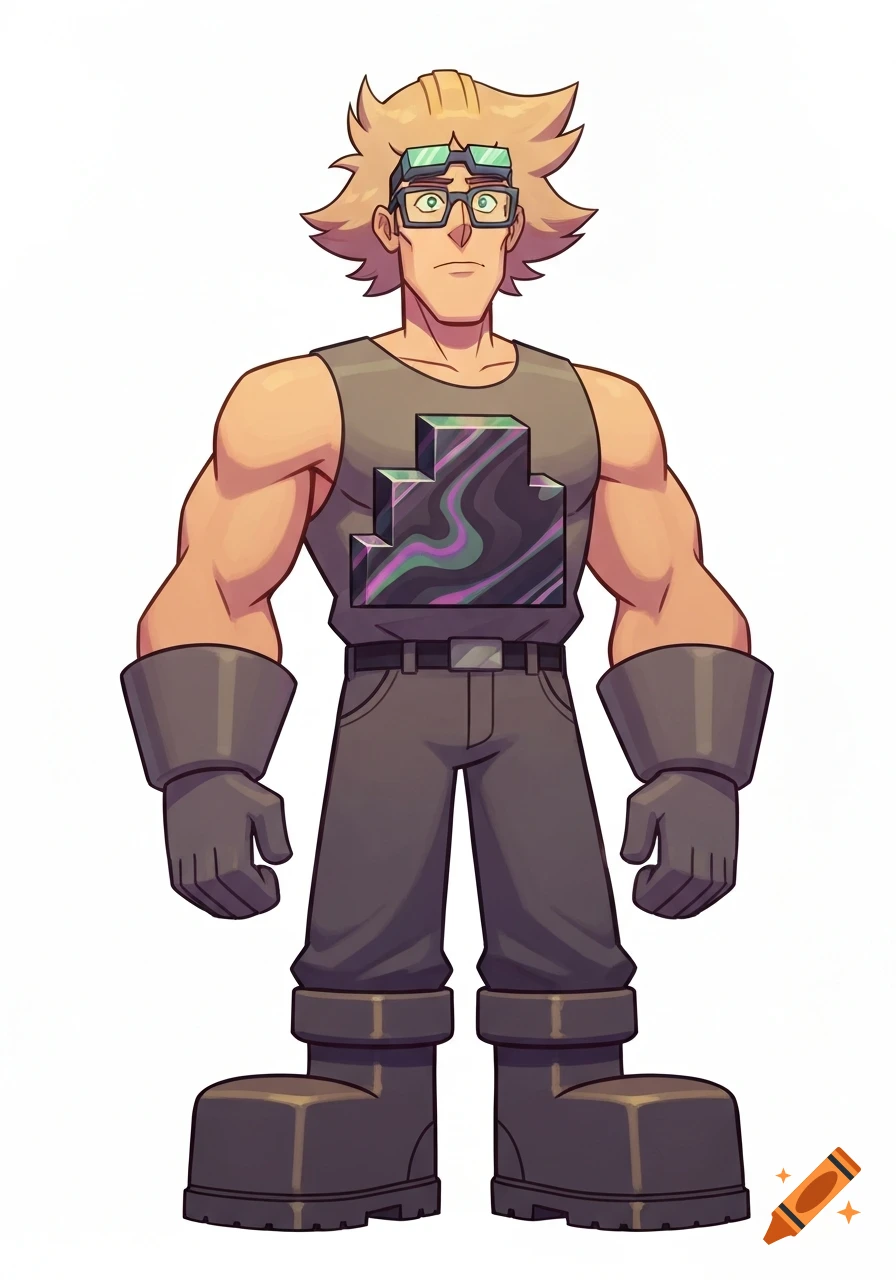 A muscular cartoon man with spiky blond hair and glasses, wearing a tank top with a geometric gem, gloves, and heavy boots, in Steven Universe style.