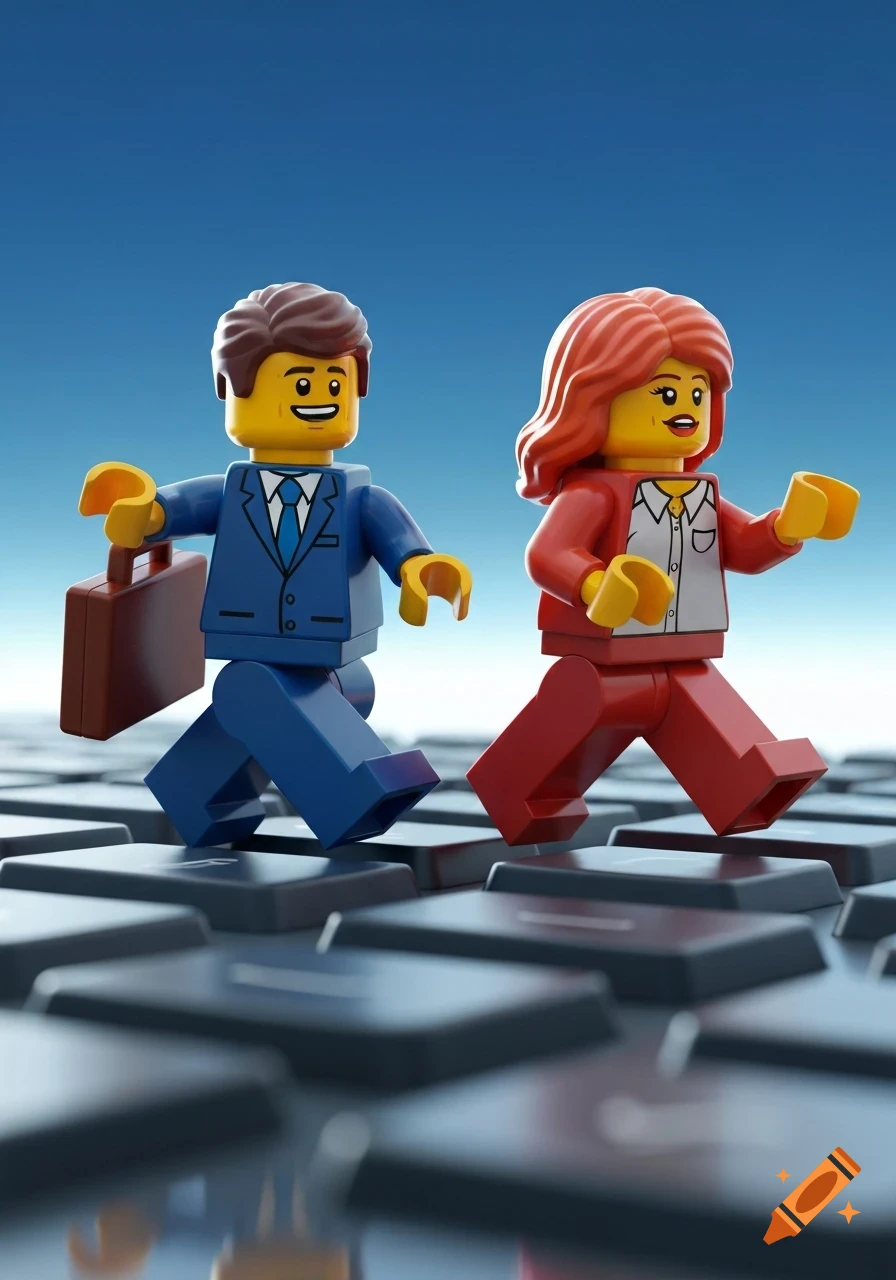 Two 3D Lego figures, a male in a suit and a female in business attire, walk on a computer keyboard.