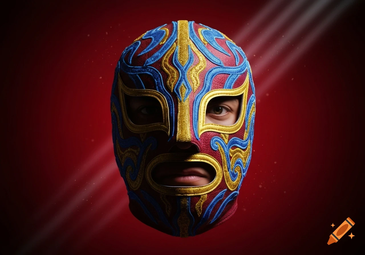 A person wearing a vibrant red, blue, and gold lucha libre mask against a dramatic red background with light rays.