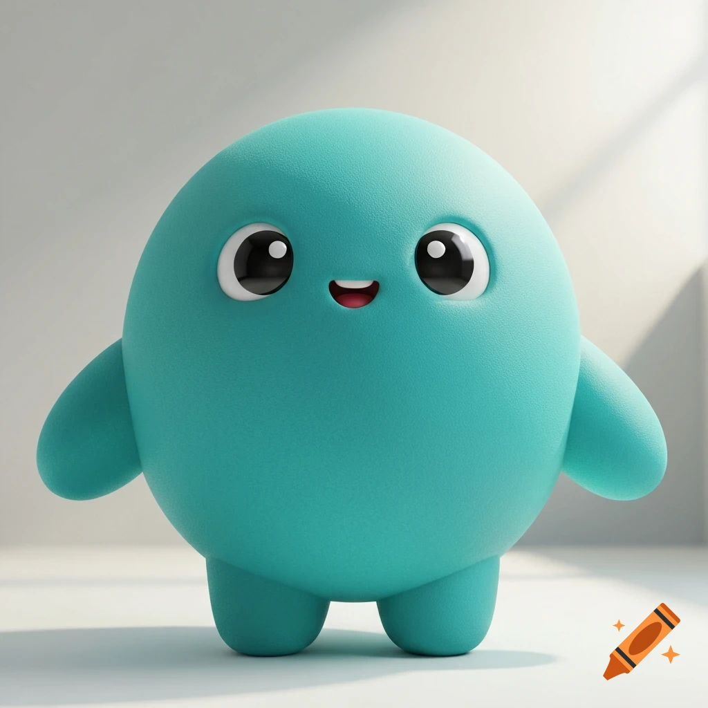 A cute, round, turquoise 3D cartoon character with big eyes and a friendly smile.