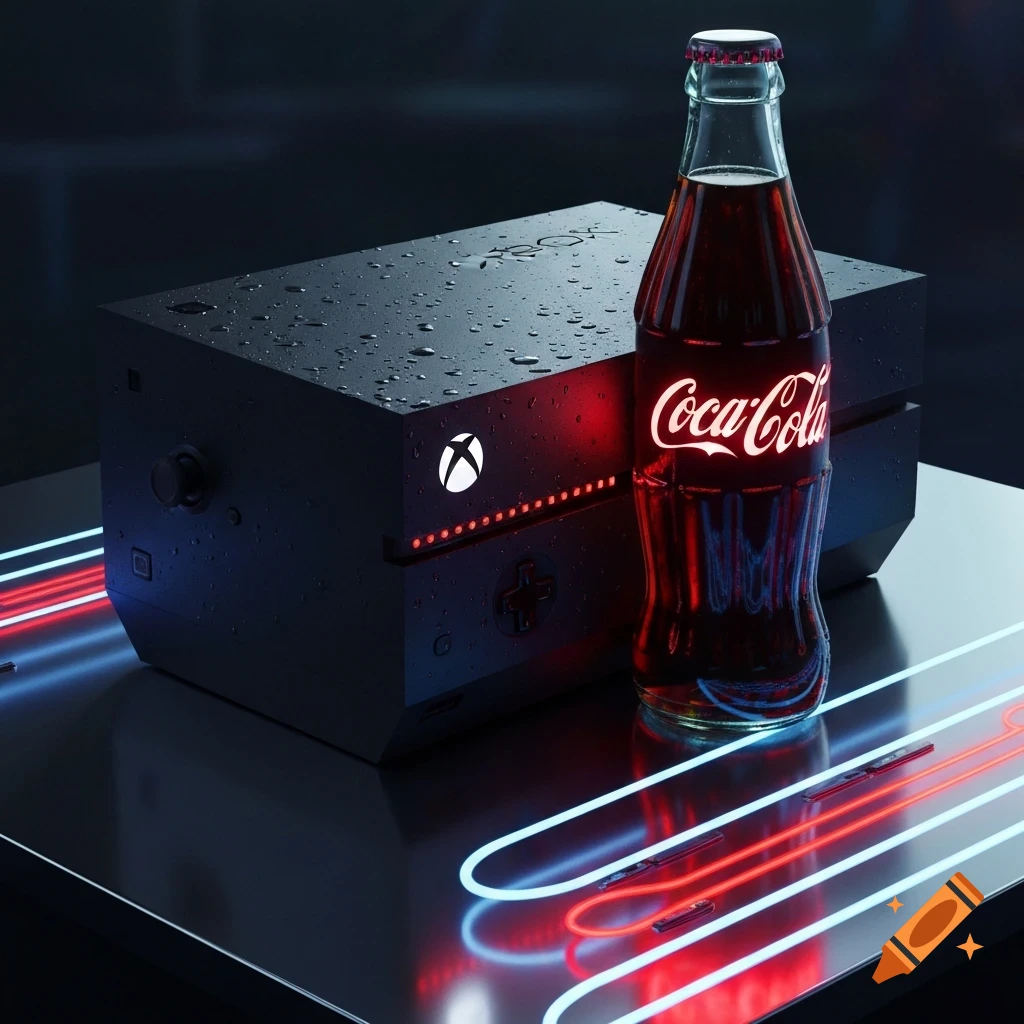 A black Xbox console with water droplets and a glowing white logo sits next to a Coca-Cola bottle, illuminated by neon lights.