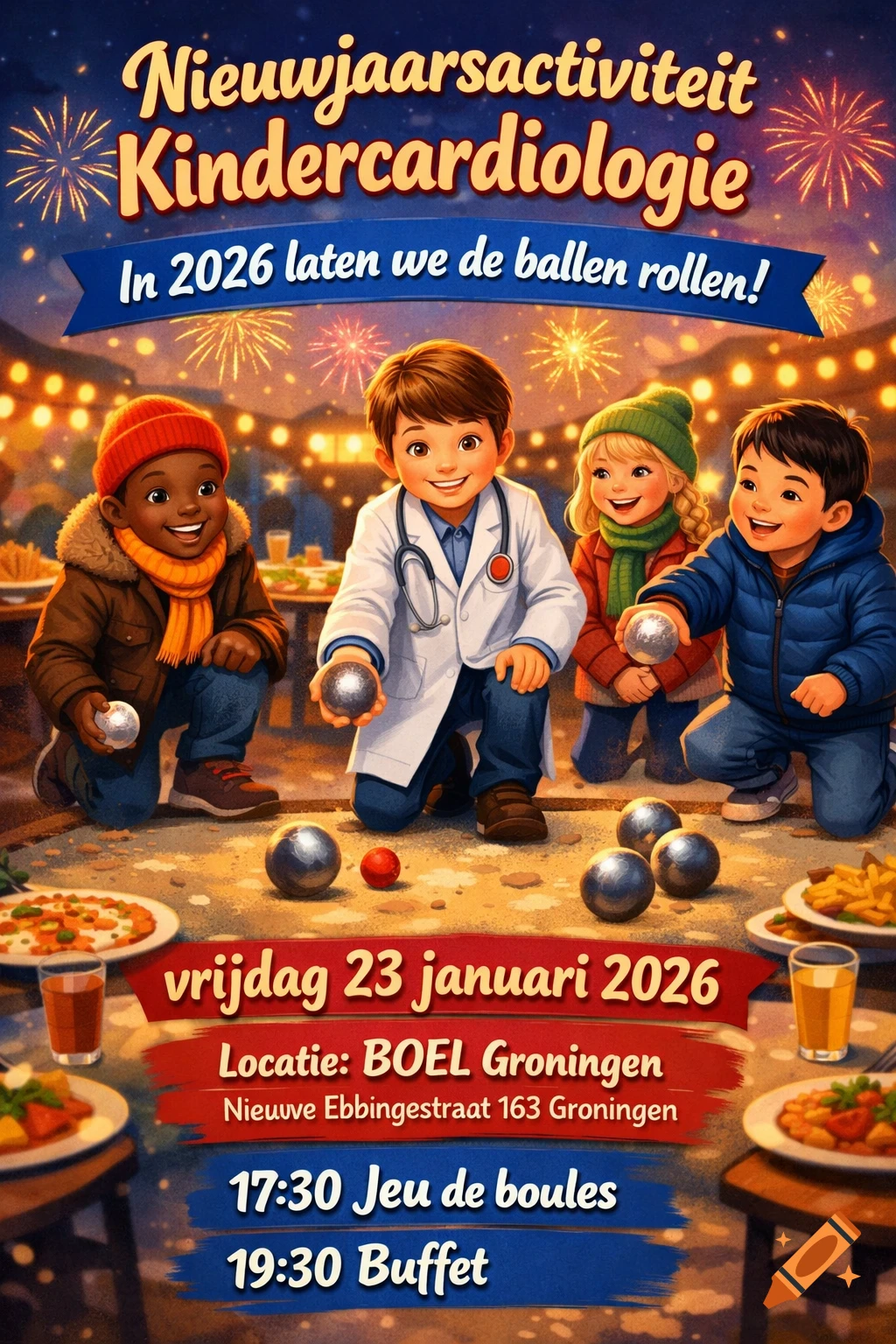 Joyful event poster illustration with smiling children playing jeu de boules, one in a doctor's coat, under fireworks and string lights, with food and event details in Dutch.