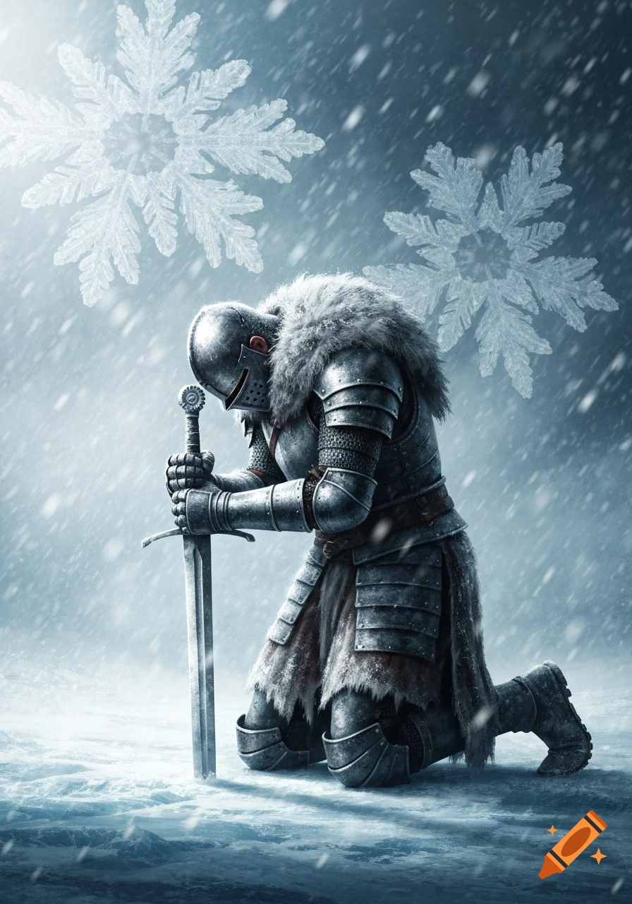 A knight in full armor and a fur cloak kneels with his sword planted in ...