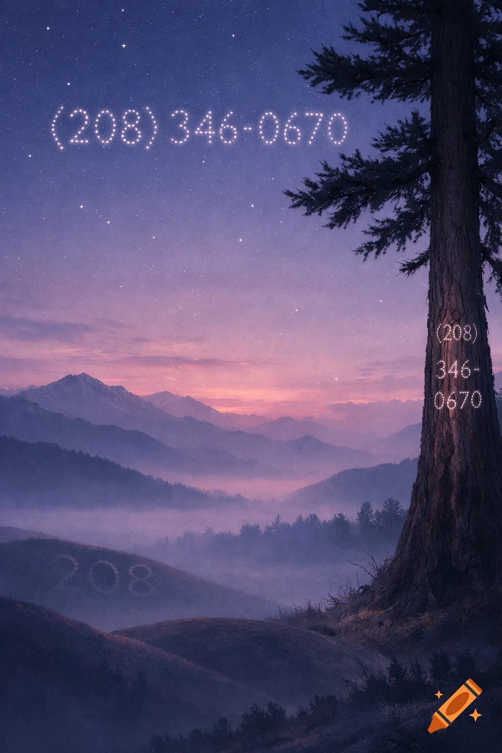 A serene landscape at dusk with mountains, a prominent tree, and a starry sky displaying a phone number.