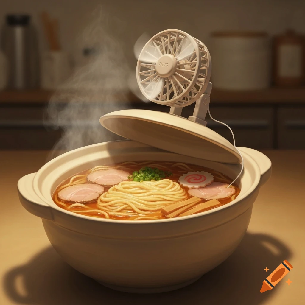 A close-up of a steaming bowl of ramen with a small, beige portable fan clipped to the lid, blowing on the noodles.