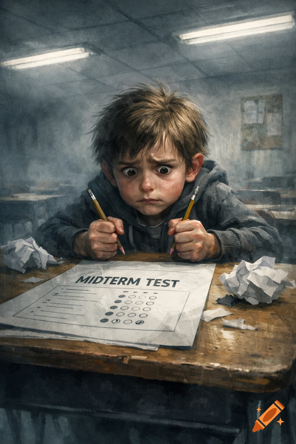 A distressed child with wide eyes clutches pencils over a 'MIDTERM TEST' paper in a gloomy classroom. Digital painting.