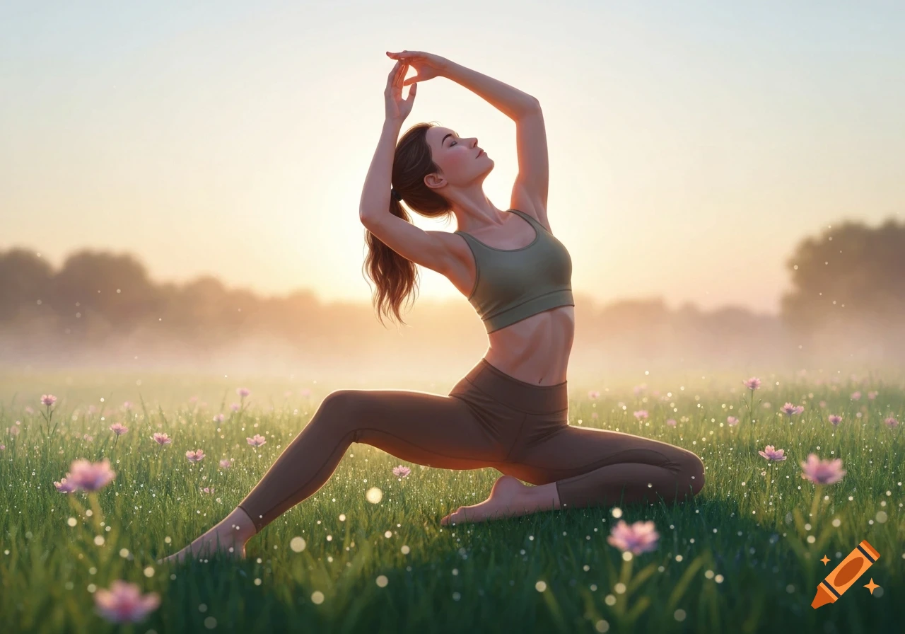 A woman in a sports bra and leggings performs a graceful yoga pose in a misty field with pink flowers at sunrise.