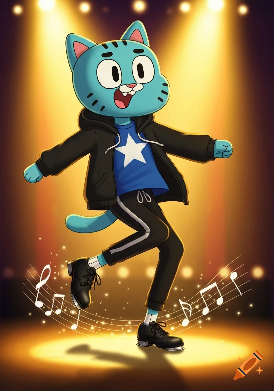 A blue cartoon cat, Gumball Watterson, tap dances on a spotlighted stage with musical notes.